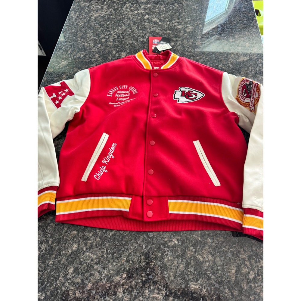Ultra Game NFL Kansas City Chiefs Varsity Jacket Red Faux Leather Sleeves NEW M
